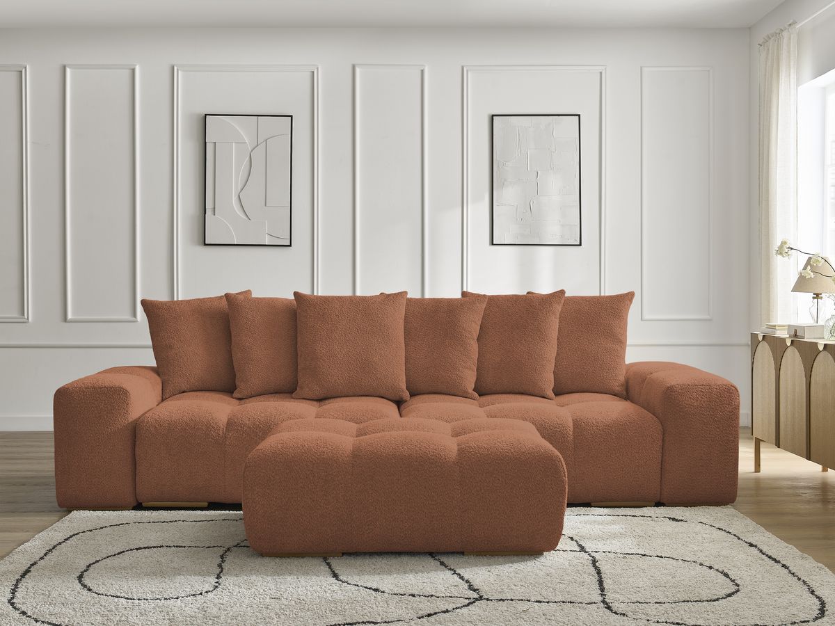 Bobochic Anakin Schlafsofa 3-Sitzer mit Bettkasten und Pouf, 6 Kissen Bouclé-Stoff Orange