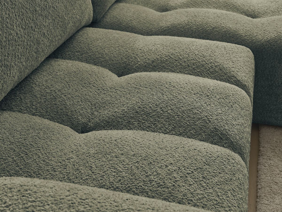 Bobochic Anakin Ecksofa mit Schlaffunktion und Bettkasten, 2 Kissen Bouclé-Stoff Grün