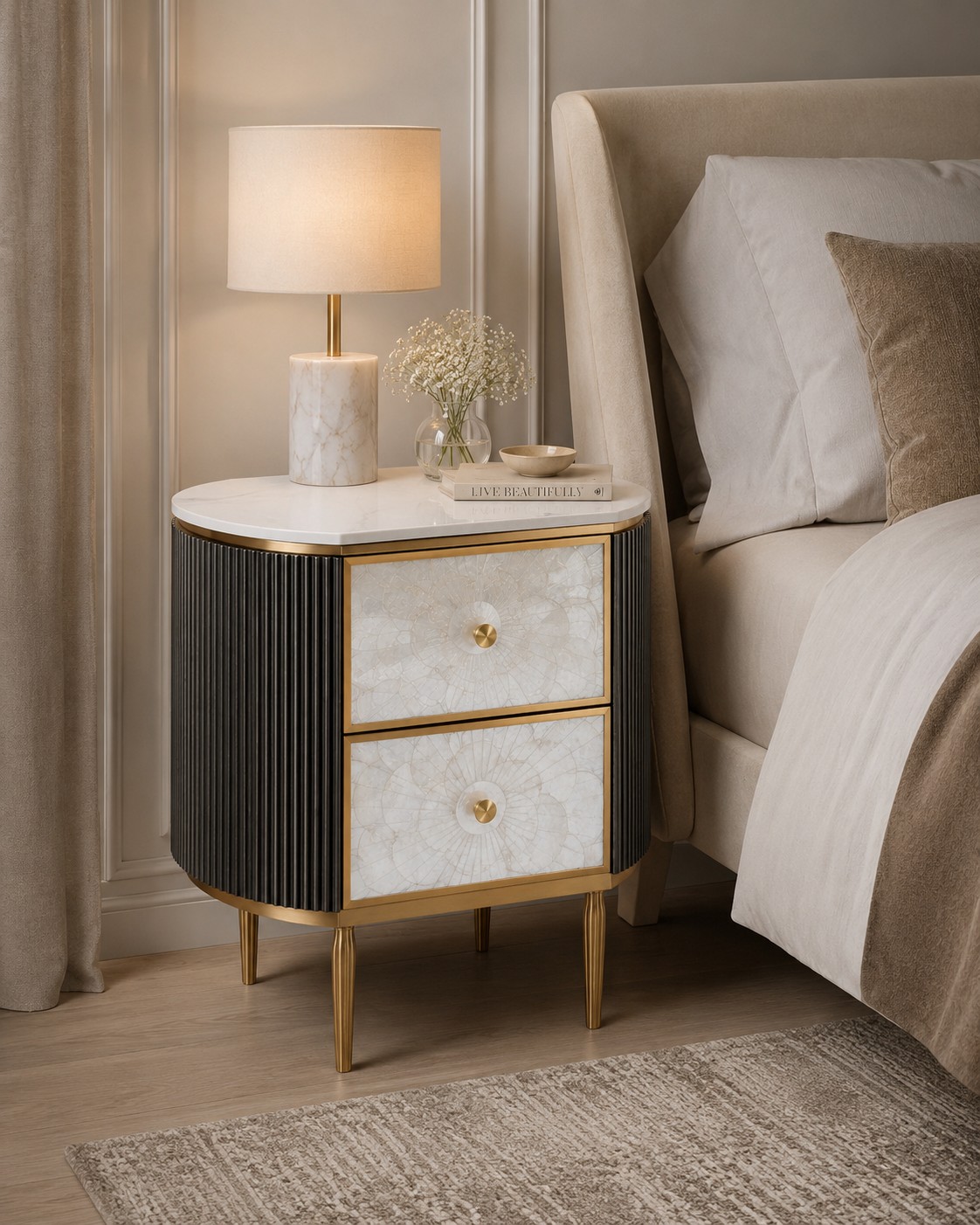 Livin Hill Nachttisch Stilig Bedroom 55 cm Dunkles Metallic-Braungrau, Platte Weiß