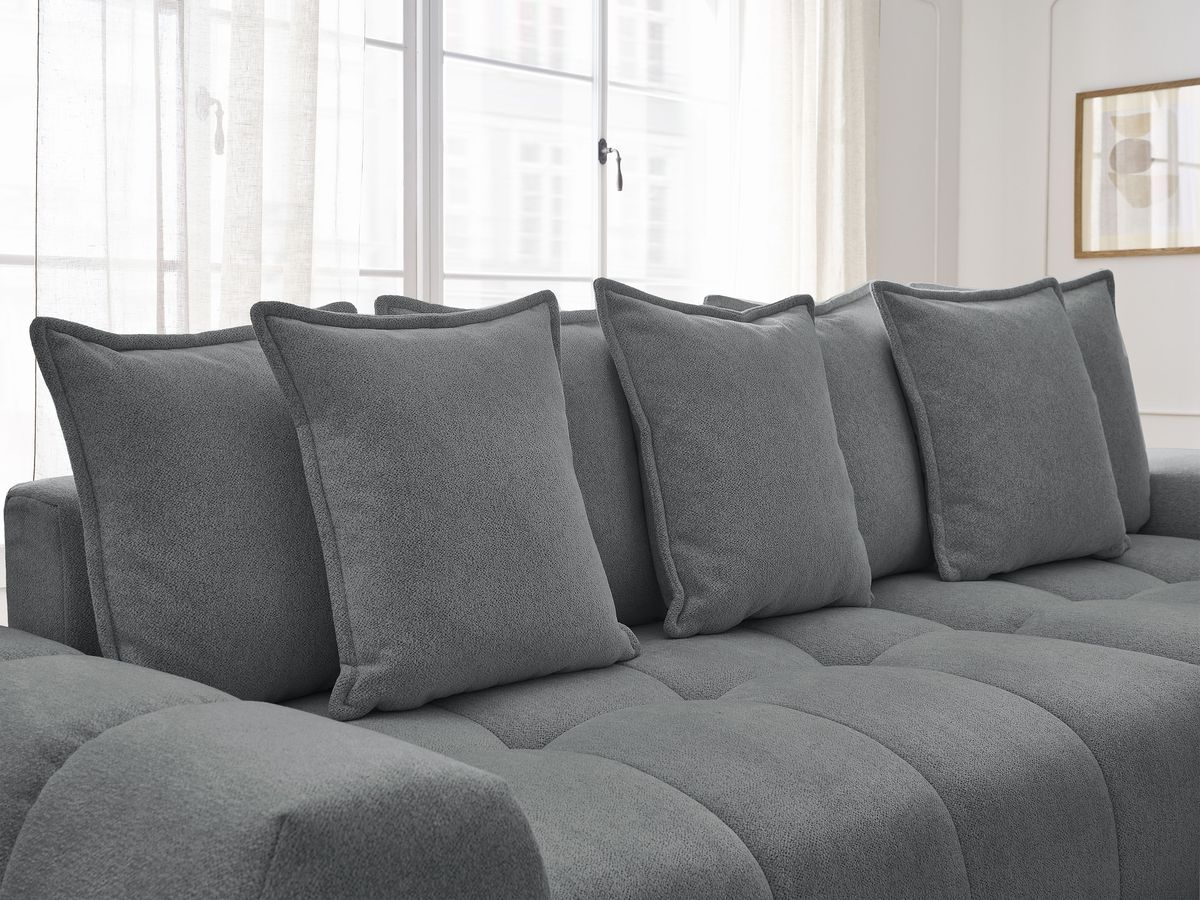 Bobochic Everest Ecksofa mit Schlaffunktion und Bettkasten 318 × 180 cm, 7 Kissen Melange-Stoff Dunkelgrau Ecke rechts