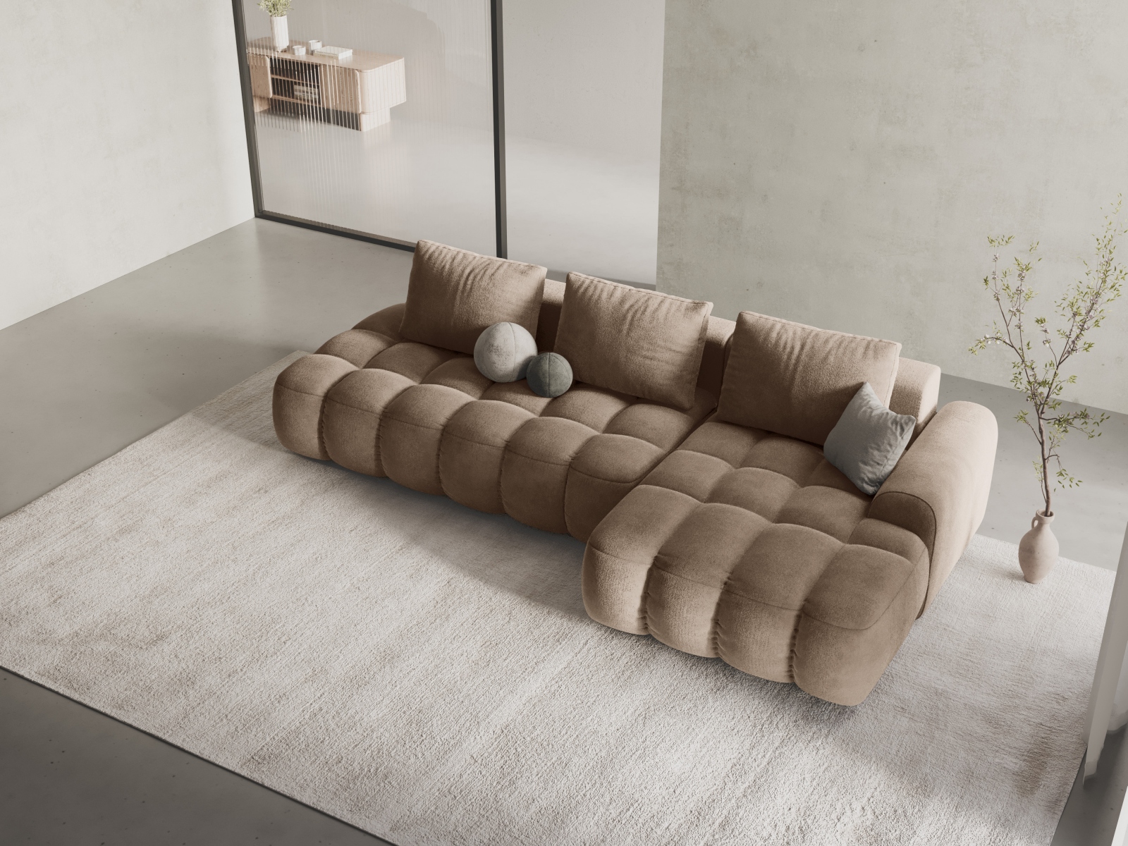 Cosmopolitan Design Ecksofa Linz 3-Sitzer offen mit Schlaffunktion Samt Vogue Dunkelbeige Rechts