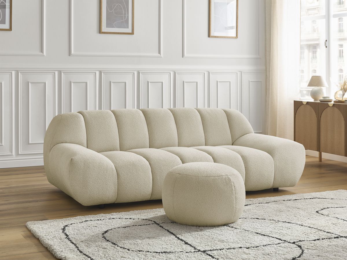 Bobochic Hayden Sofa 3-Sitzer mit Pouf 226 × 107 cm Bouclé-Stoff Beige