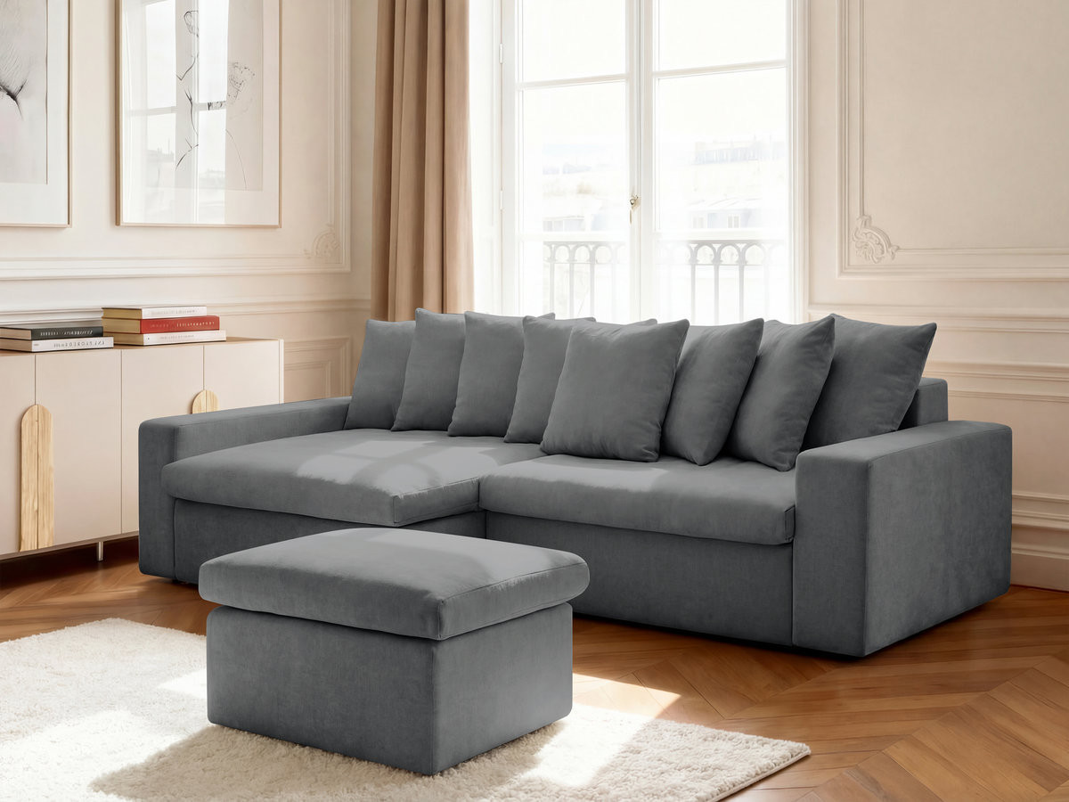 Bobochic Enore Ecksofa mit Pouf Stoff Dunkelgrau Ecke links
