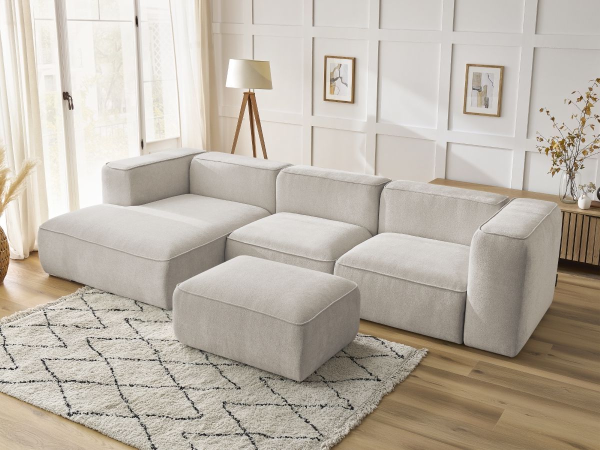 Bobochic Zephyr Ecksofa mit Pouf 349 × 165 cm Strukturstoff Beige Ecke links