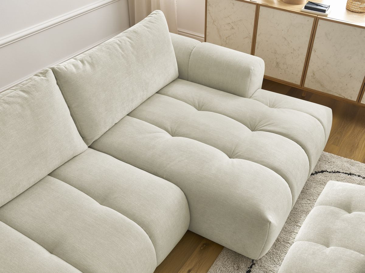 Bobochic Fuji Ecksofa mit Schlaffunktion und Bettkasten und Pouf 292 × 160 cm Stoff Beige Ecke rechts