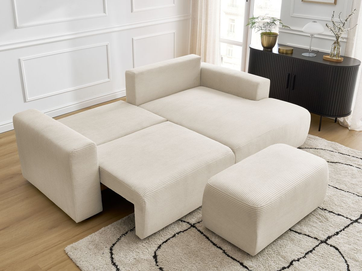 Bobochic Atilla Ecksofa mit Schlaffunktion und Bettkasten und Pouf Cordsamt Beige Ecke rechts