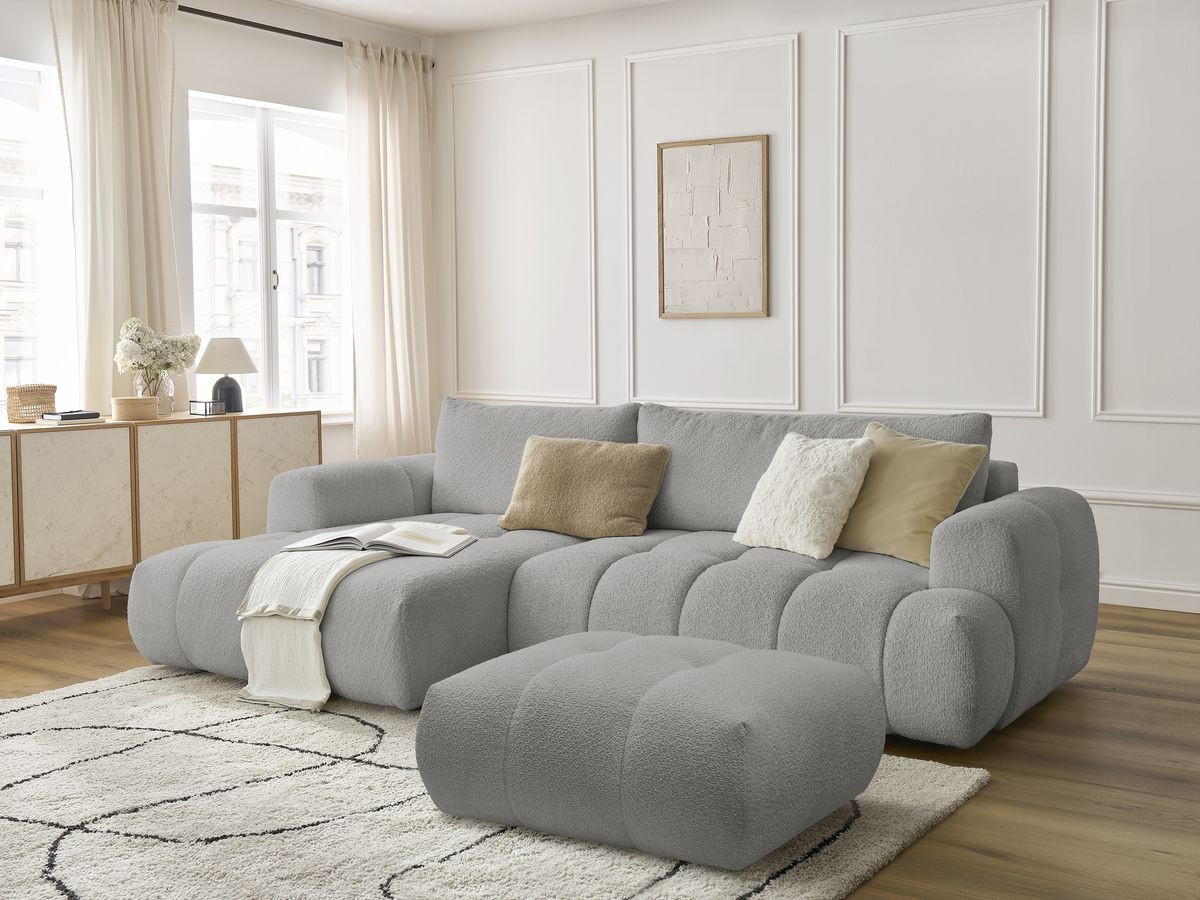 Bobochic Fuji Ecksofa mit Schlaffunktion und Bettkasten und Pouf 292 × 160 cm Bouclé-Stoff Hellgrau Ecke links