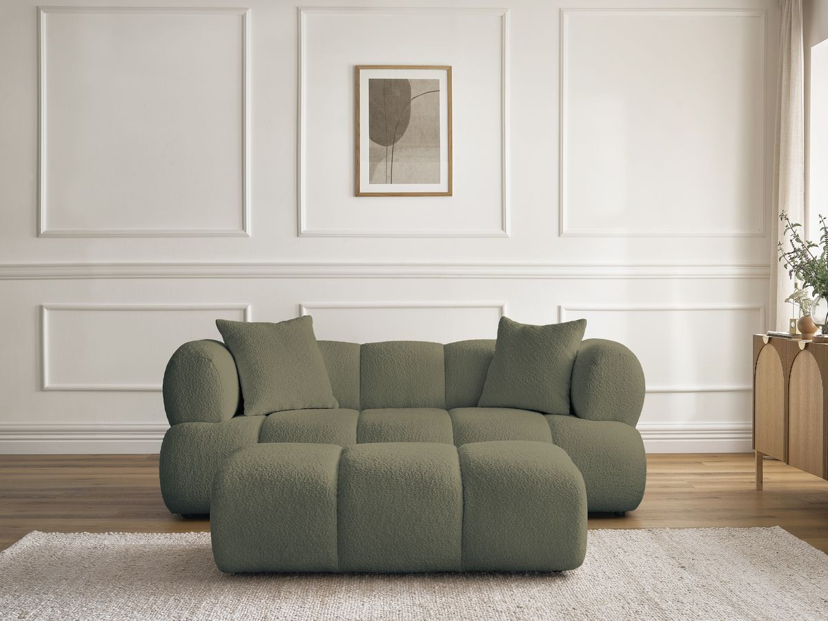 Bobochic Pamira Sofa 2-Sitzer mit Pouf Bouclé-Stoff Grün