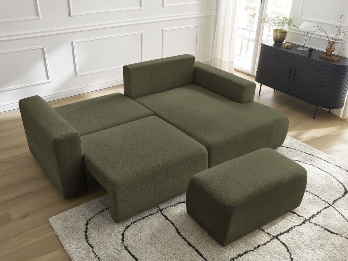 Bobochic Atilla Ecksofa mit Schlaffunktion und Bettkasten und Pouf Melange-Stoff Grün Ecke rechts