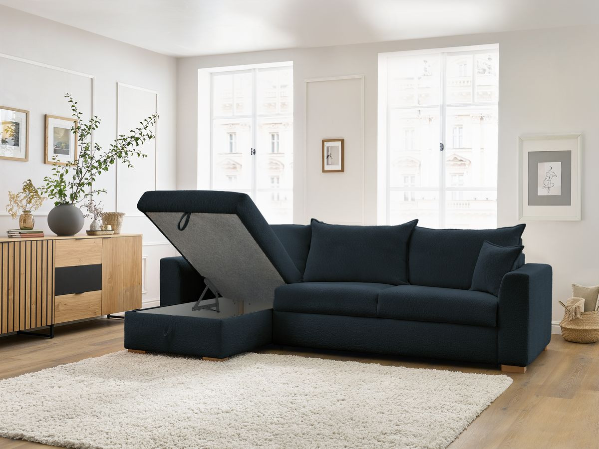 Bobochic Augustin Ecksofa mit Schlaffunktion und Bettkasten Bouclé-Stoff Dunkelblau, Liegefläche 140 × 200 cm
