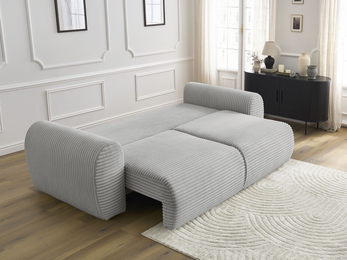 Bobochic Lucien Schlafsofa 3-Sitzer mit Bettkasten Breitcord weich Hellgrau