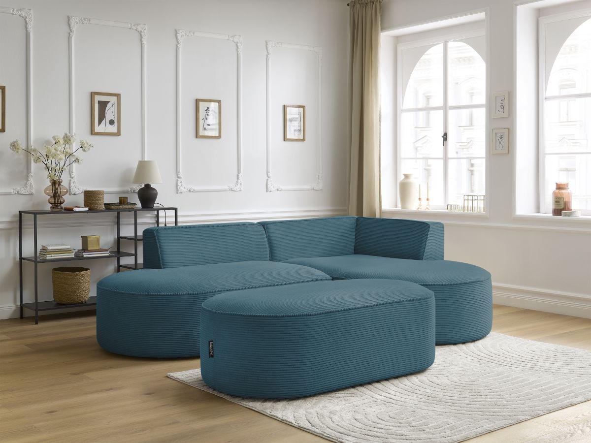Bobochic Rousseau Ecksofa mit Pouf Cordsamt Dunkelblau Ecke rechts