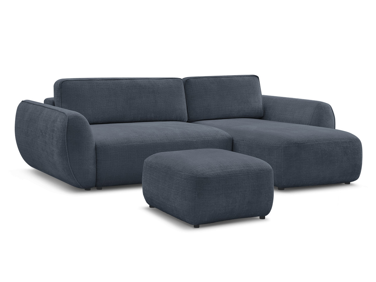 Bobochic Denise Ecksofa mit Schlaffunktion und Bettkasten und Pouf 258 × 160 cm Strukturstoff Dunkelblau Ecke rechts