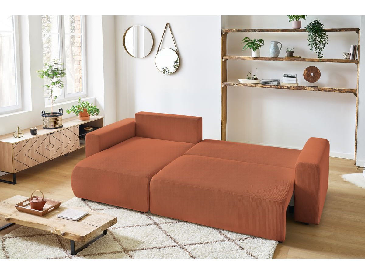 Bobochic Envy Ecksofa mit Schlaffunktion und Bettkasten und Pouf Cordsamt Orange
