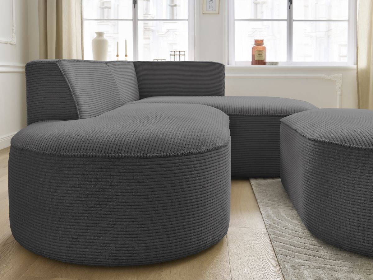 Bobochic Rousseau Ecksofa mit Pouf Cordsamt Dunkelgrau Ecke rechts