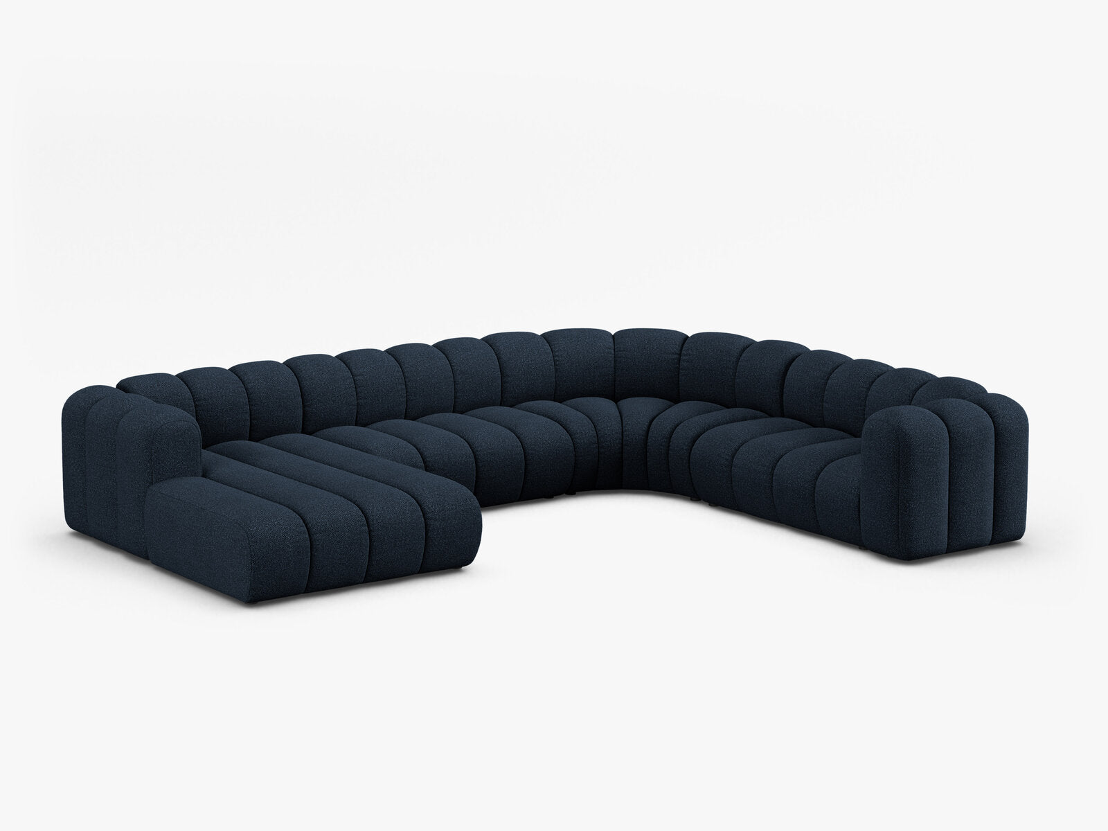 Micadoni Modulares Panorama Ecksofa Lupine 6-Sitzer Rechts Boucle Baloo Dunkelblau