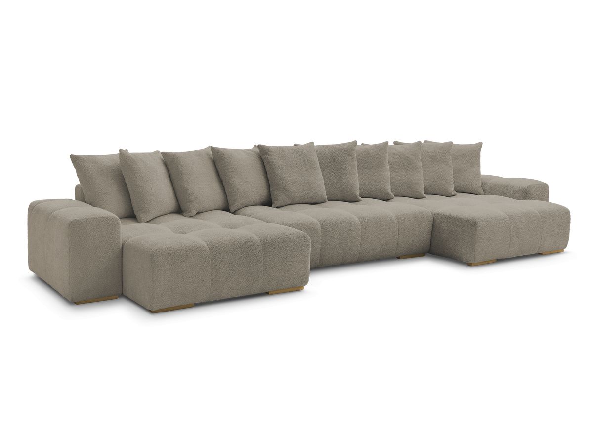 Bobochic Anakin Wohnlandschaft, Liegefläche 137 × 382 cm, 10 Kissen Bouclé-Stoff Taupe