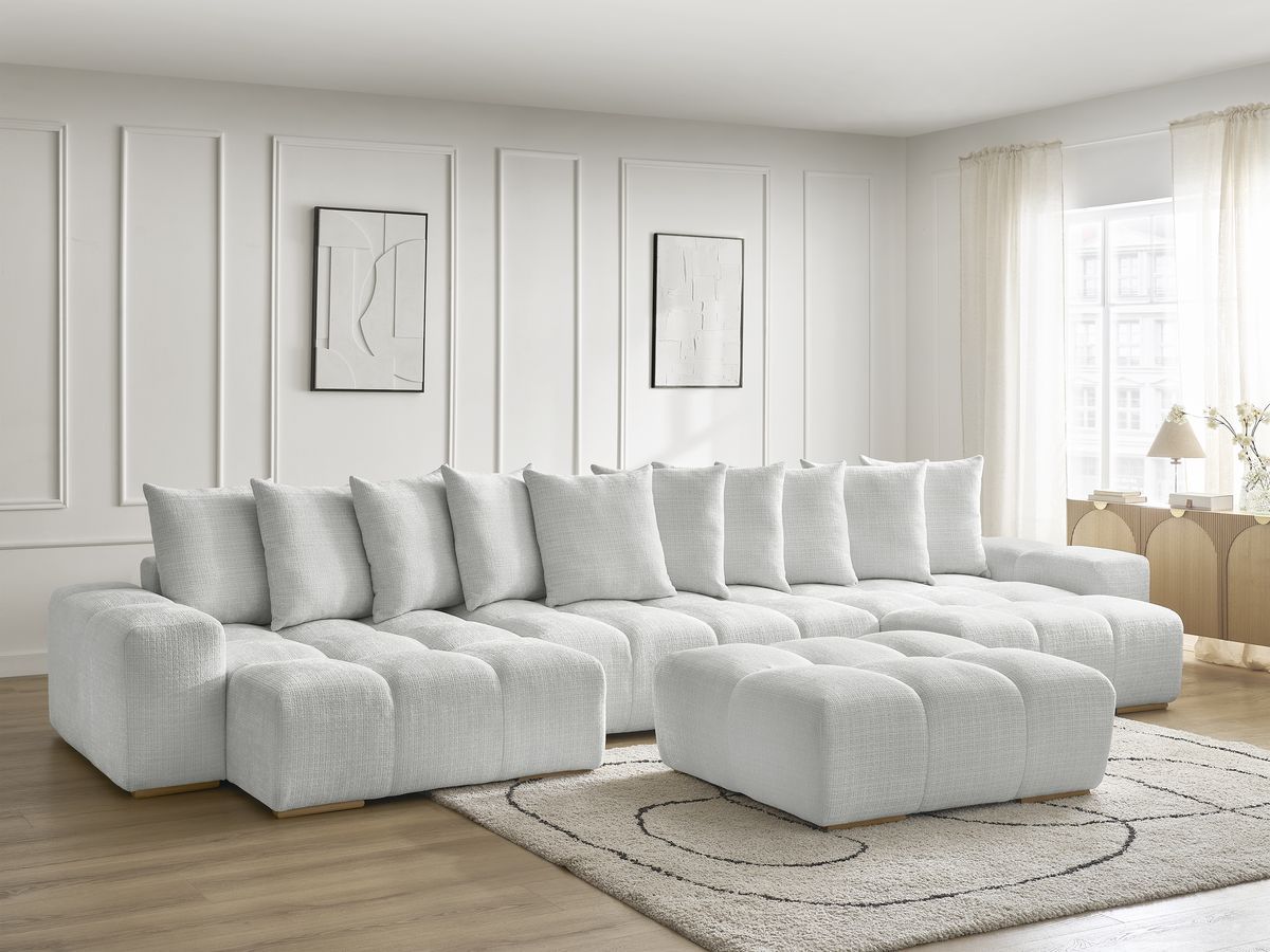 Bobochic Anakin Wohnlandschaft mit Pouf, Liegefläche 137 × 382 cm, 10 Kissen Strukturstoff Hellgrau