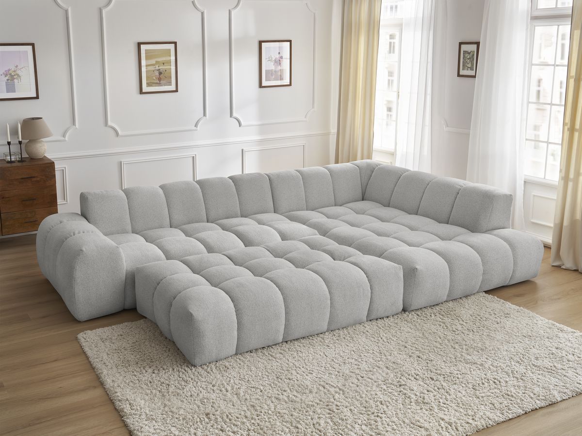 Bobochic Everest Ecksofa, 10 Kissen Melange-Stoff Hellgrau Ecke rechts