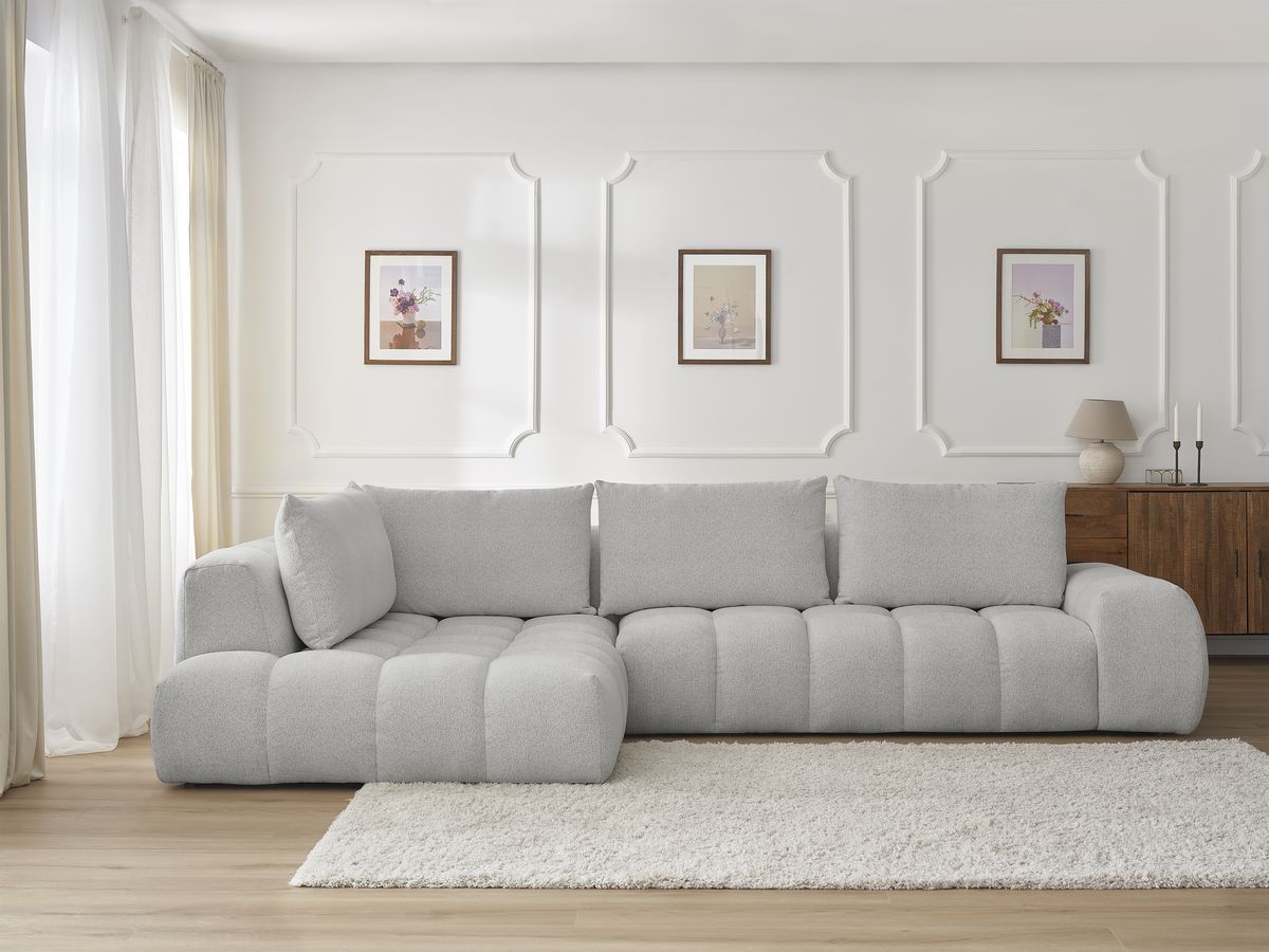 Bobochic Everest Ecksofa, 4 Kissen Melange-Stoff Hellgrau Ecke links