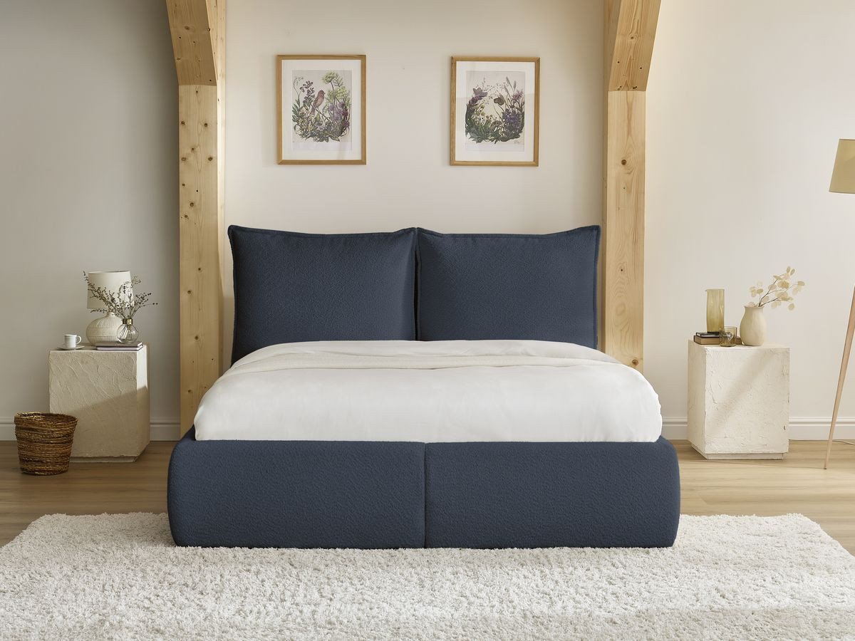 Bobochic Garance Polsterbett mit Bettkasten Bouclé-Stoff Dunkelblau, Liegefläche 160 × 200 cm