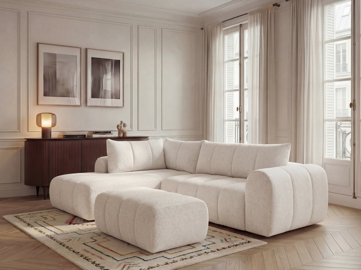 Bobochic Nesty Ecksofa in L-Form, 256 cm, mit Pouf Melange-Stoff Beige Ecke links
