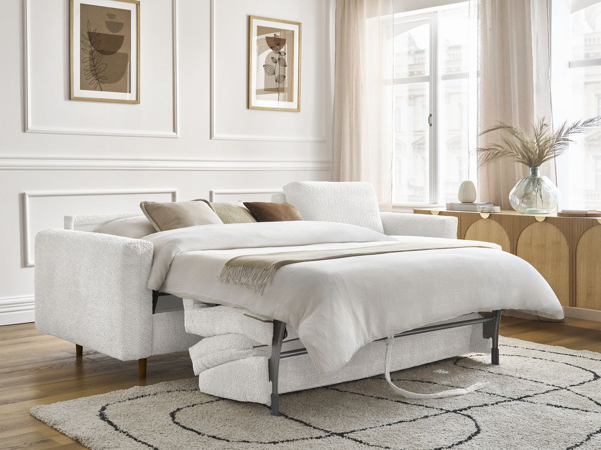 Bobochic Cocoone Ecksofa mit Schlaffunktion und Bettkasten Bouclé-Stoff Weiß, Liegefläche 140 × 200 cm