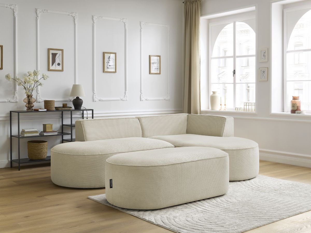 Bobochic Rousseau Ecksofa mit Pouf Cordsamt Beige Ecke rechts