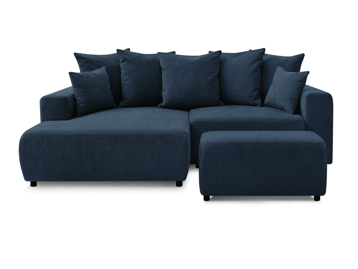 Bobochic Atilla Ecksofa mit Schlaffunktion und Bettkasten und Pouf Strukturstoff Dunkelblau Ecke links