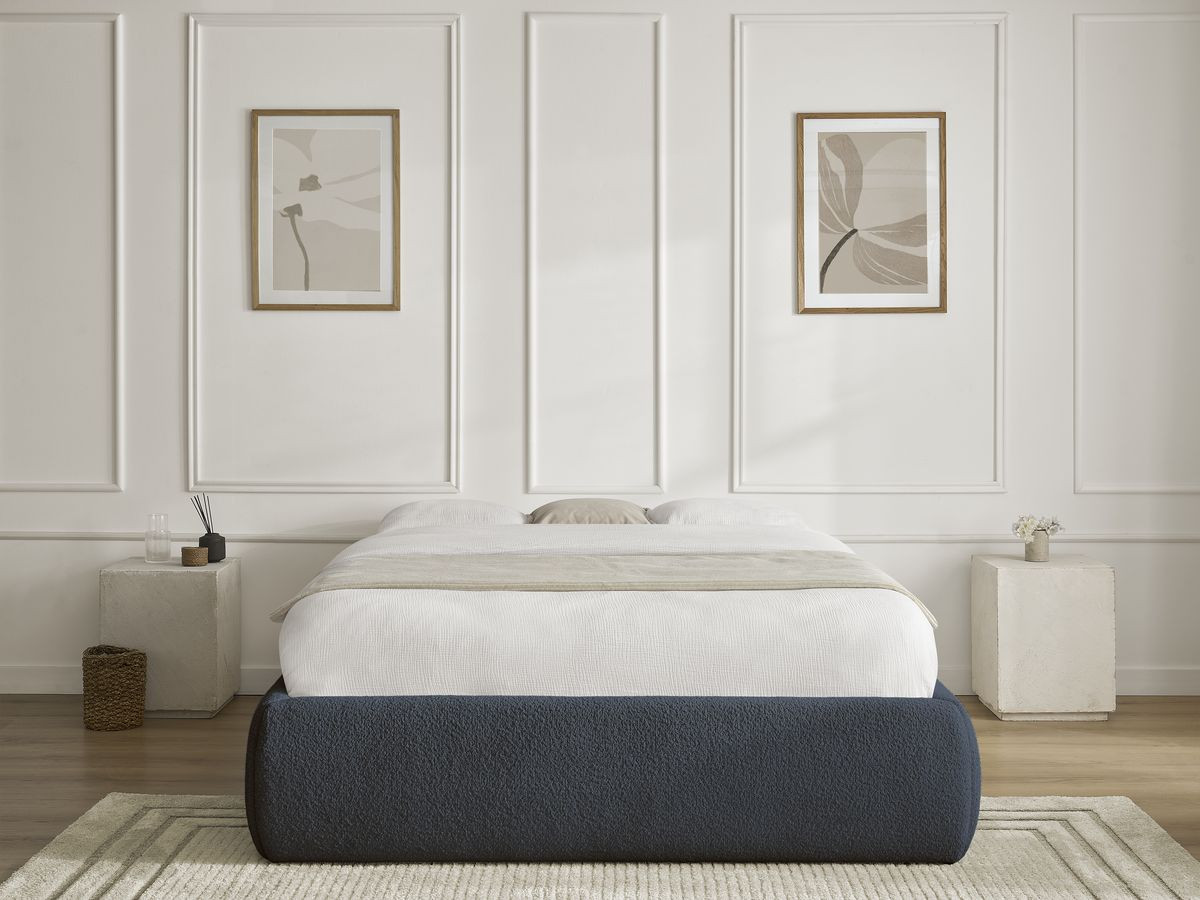 Bobochic Inera Bettgestell mit Bettkasten, ohne Kopfteil Bouclé-Stoff Blau, Liegefläche 140 × 190 cm