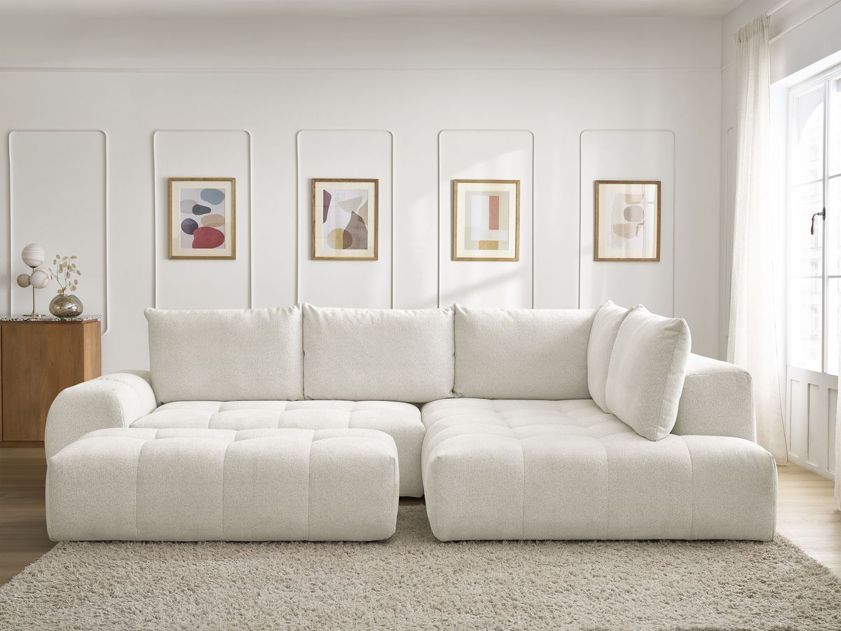 Bobochic Everest Ecksofa mit Schlaffunktion und Bettkasten und Pouf 320 × 212 cm, 5 Kissen Melange-Stoff Weiß Ecke rechts