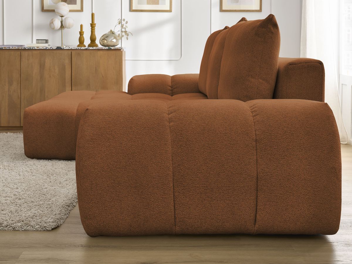 Bobochic Everest Ecksofa mit Schlaffunktion und Bettkasten 318 × 180 cm, 3 Kissen Melange-Stoff Orange Ecke links
