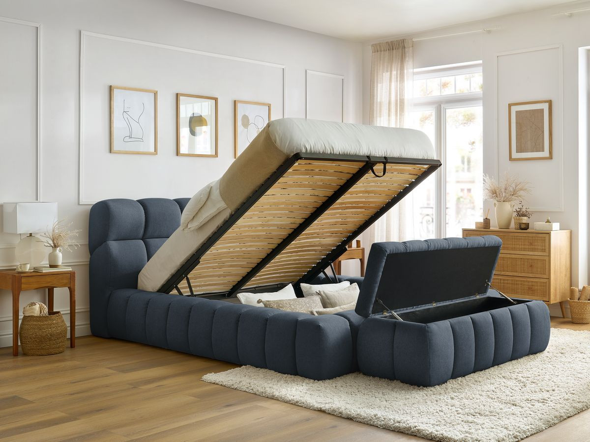 Bobochic Mont-blanc Polsterbett mit Bettkasten mit Bettbank Stoff Dunkelblau, Liegefläche 180 × 200 cm