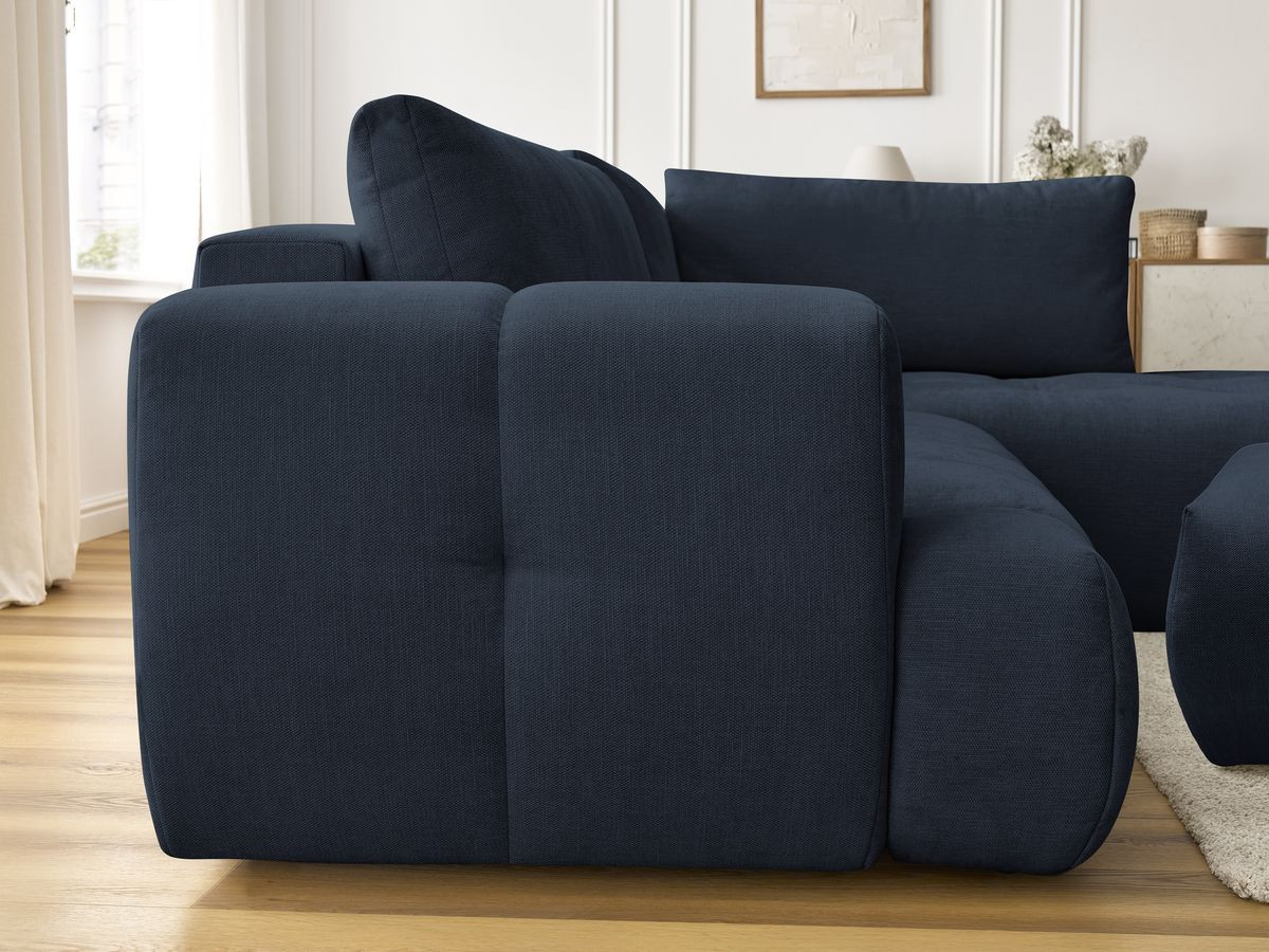 Bobochic Fuji Ecksofa mit Schlaffunktion und Bettkasten und Pouf 282 × 204 cm Stoff Dunkelblau Ecke rechts