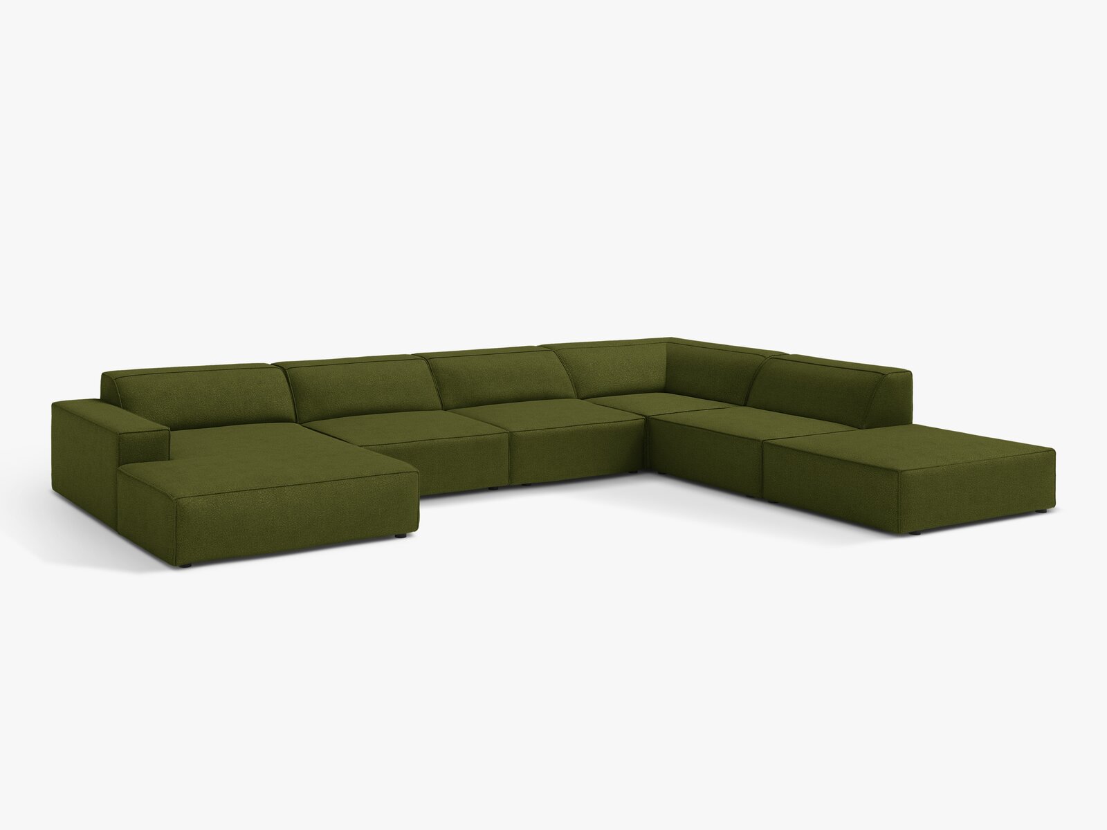 Micadoni Panorama-Ecksofa Jodie 7-Sitzer Rechts Boucle Baloo Dunkel-Olivgrün