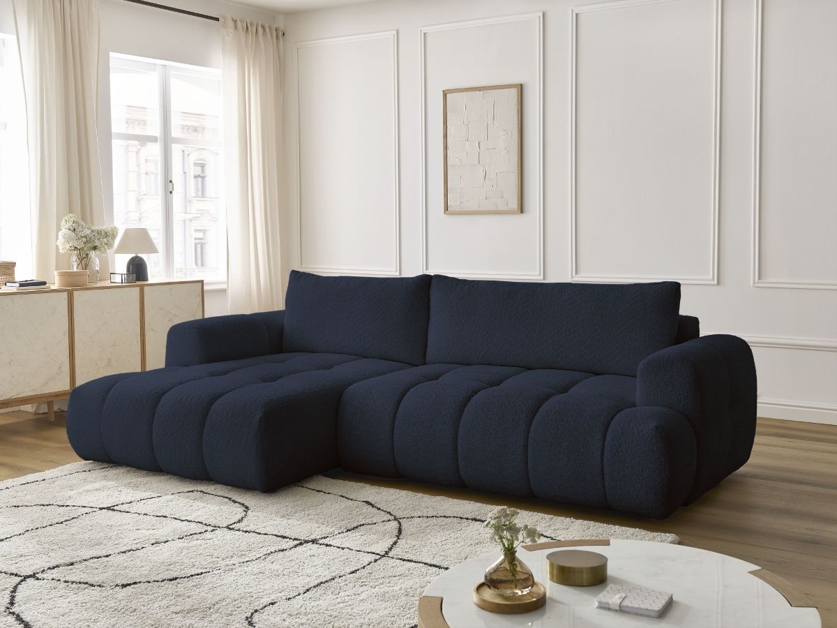 Bobochic Fuji Ecksofa mit Schlaffunktion und Bettkasten 292 × 160 cm Bouclé-Stoff Dunkelblau Ecke links