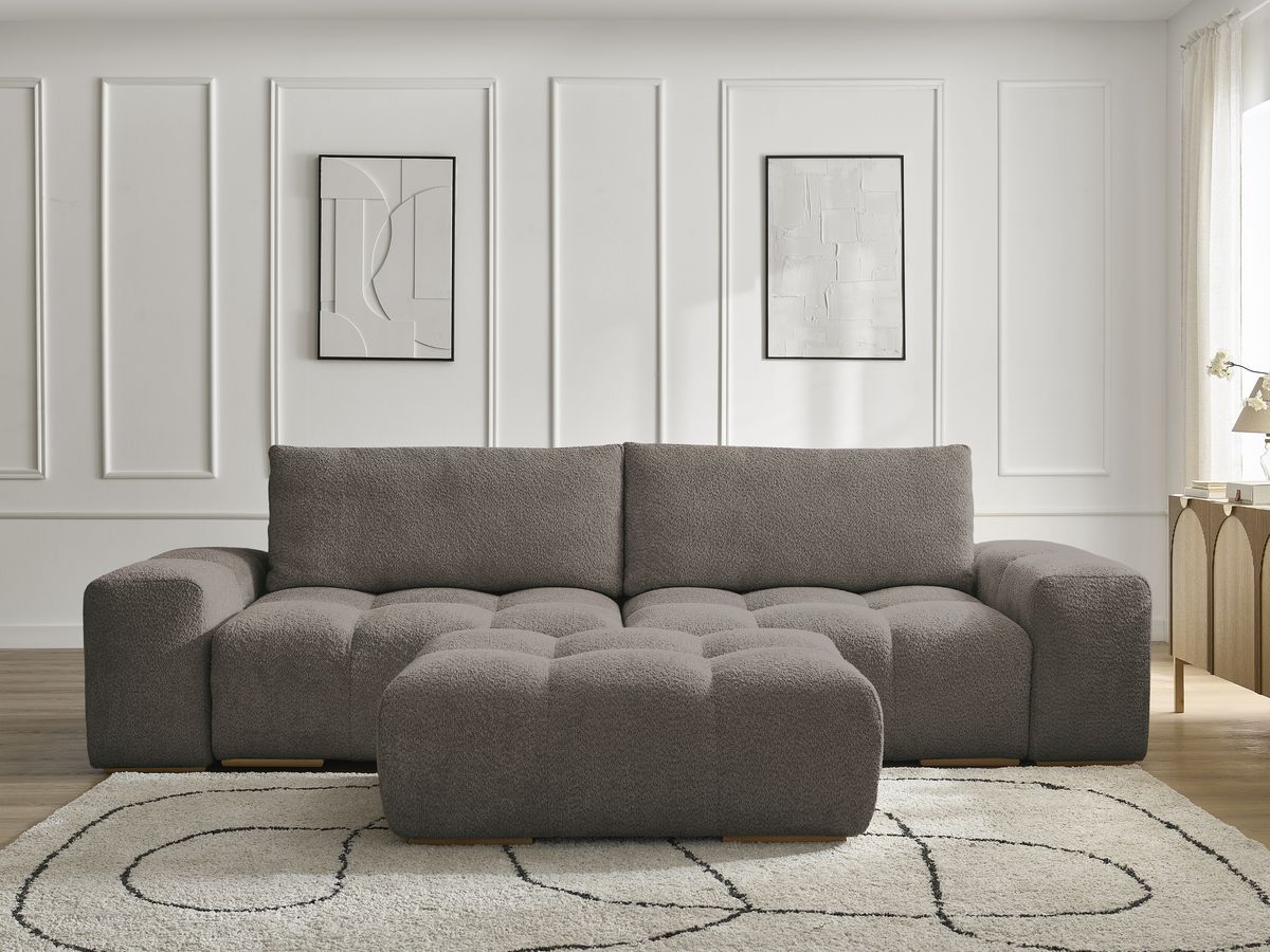 Bobochic Anakin Schlafsofa 3-Sitzer mit Bettkasten und Pouf, 2 Kissen Bouclé-Stoff Braun