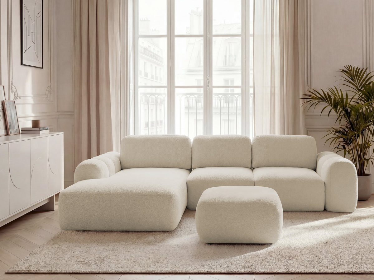 Bobochic Montaigne Ecksofa mit Schlaffunktion und Bettkasten und Pouf 288 × 196 cm Bouclé-Stoff Beige Ecke links