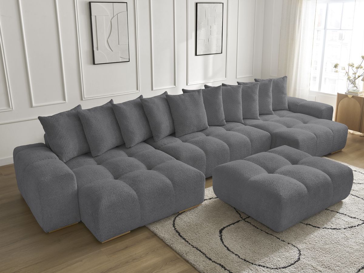 Bobochic Anakin Wohnlandschaft mit Pouf, 10 Kissen Bouclé-Stoff Dunkelgrau