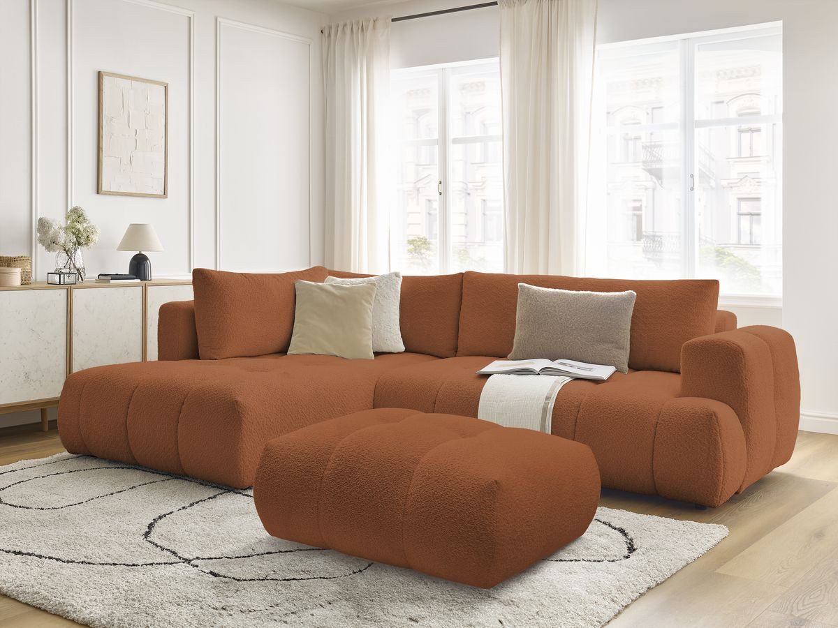 Bobochic Fuji Ecksofa mit Schlaffunktion und Bettkasten und Pouf 282 × 204 cm Bouclé-Stoff Orange Ecke links