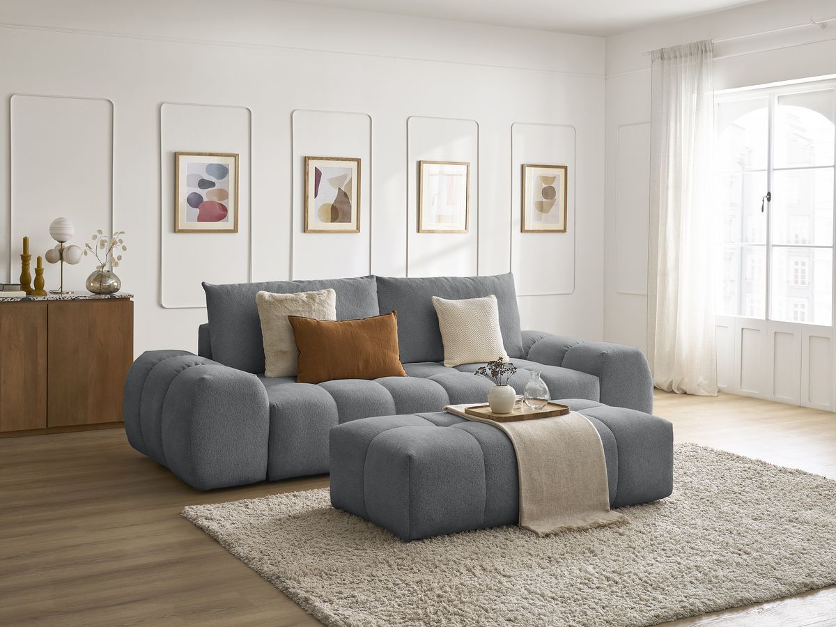 Bobochic Everest Sofa 3-Sitzer mit Pouf, 2 Kissen Melange-Stoff Dunkelgrau