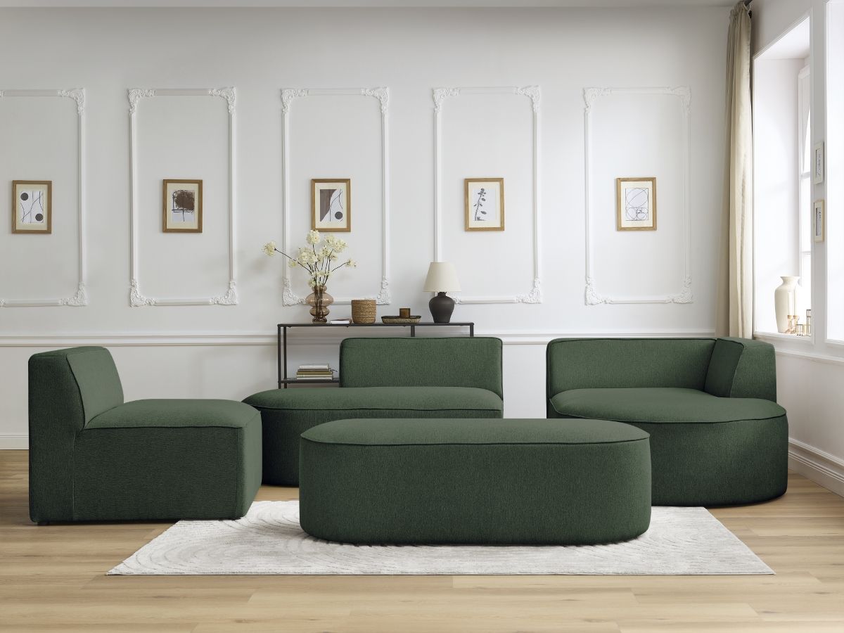 Bobochic Rousseau Ecksofa mit Sofamodul und Pouf Melange-Stoff Grün Ecke rechts