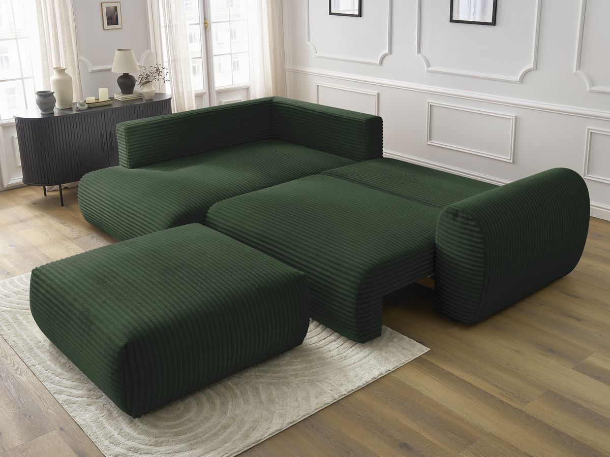 Bobochic Lucien Ecksofa mit Schlaffunktion und Bettkasten und Pouf 296 × 198 cm Breitcord weich Grün Ecke links