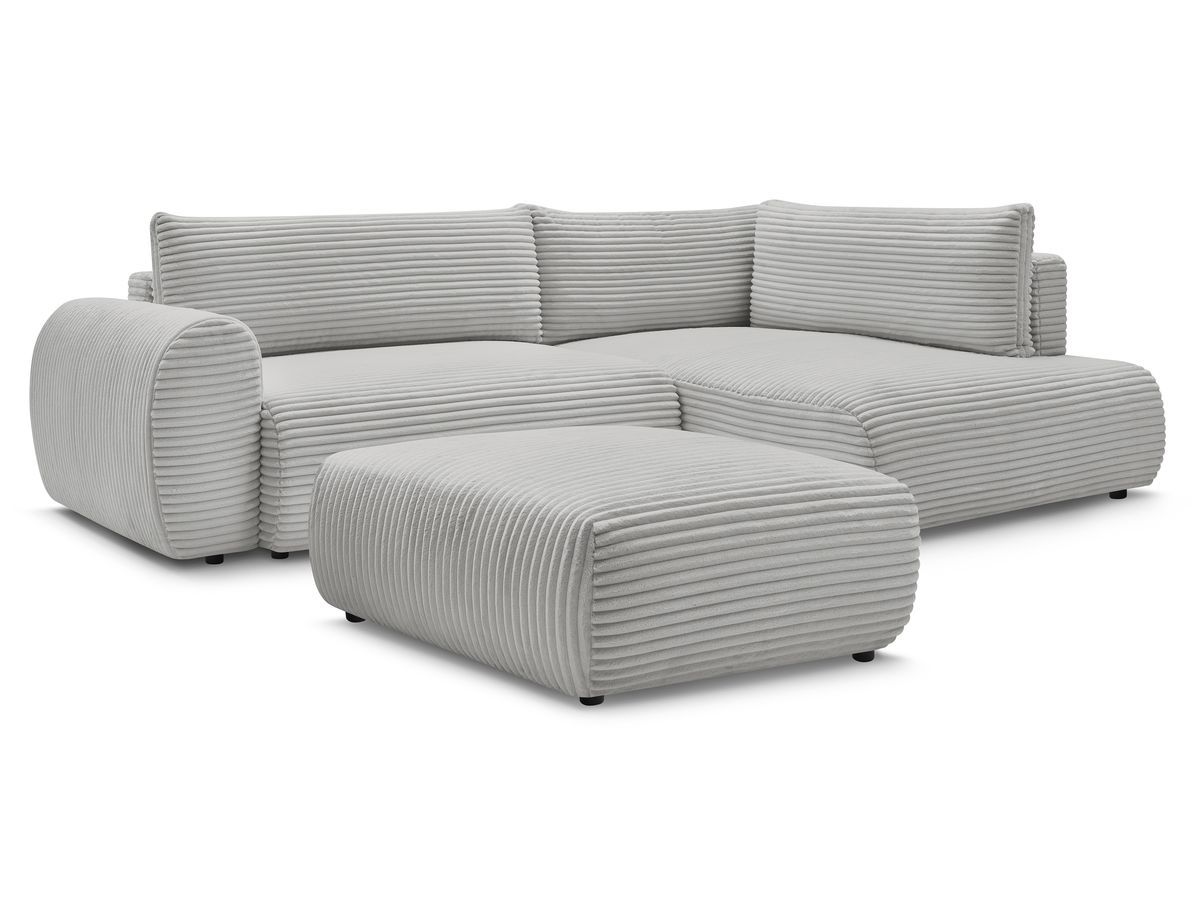 Bobochic Lucien Ecksofa mit Schlaffunktion und Bettkasten und Pouf 296 × 198 cm Breitcord weich Hellgrau Ecke rechts