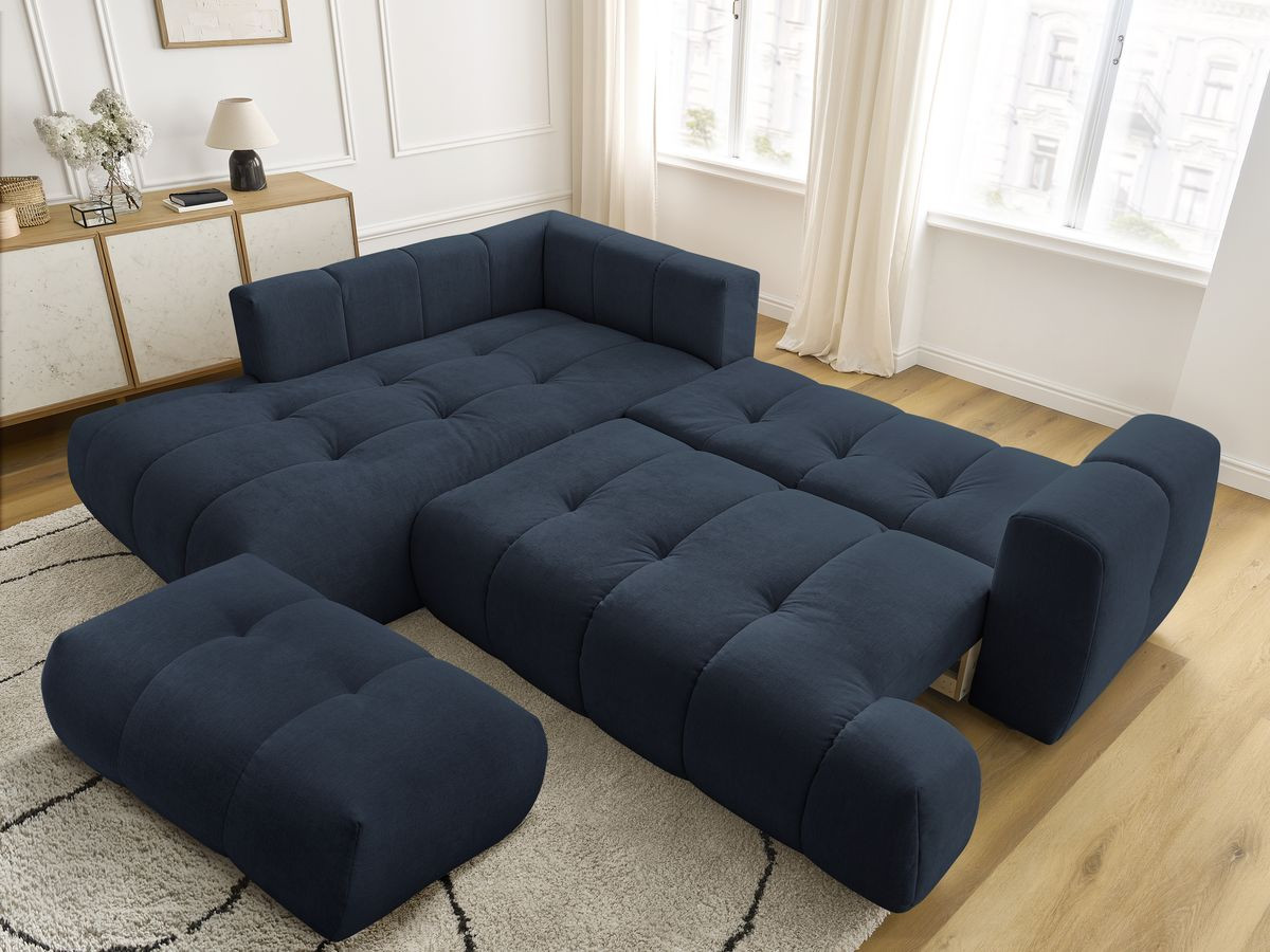 Bobochic Fuji Ecksofa mit Schlaffunktion und Bettkasten und Pouf 282 × 204 cm Stoff Dunkelblau Ecke links