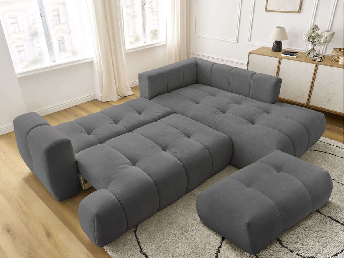 Bobochic Fuji Ecksofa mit Schlaffunktion und Bettkasten und Pouf 282 × 204 cm Stoff Dunkelgrau Ecke rechts