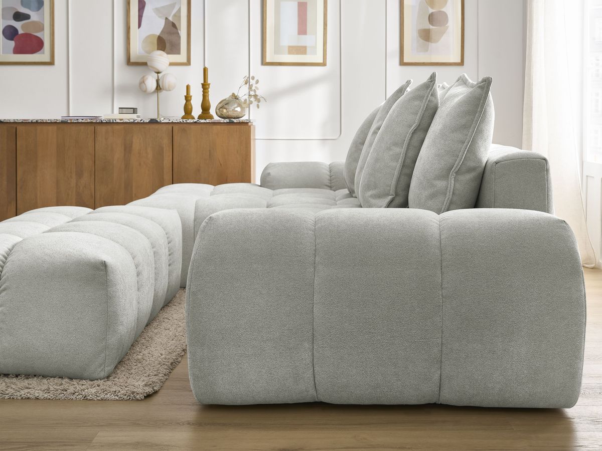 Bobochic Everest Ecksofa mit Schlaffunktion und Bettkasten und Pouf 318 × 180 cm, 7 Kissen Strukturstoff Hellgrau Ecke links