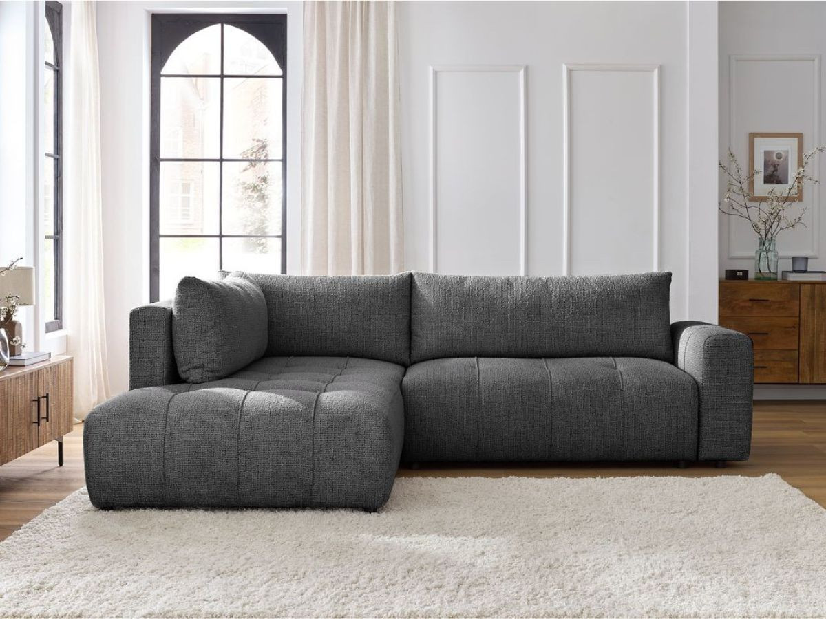 Bobochic Arsene Ecksofa mit Schlaffunktion und Bettkasten 277 × 200 cm Melange-Stoff Dunkelgrau Ecke links
