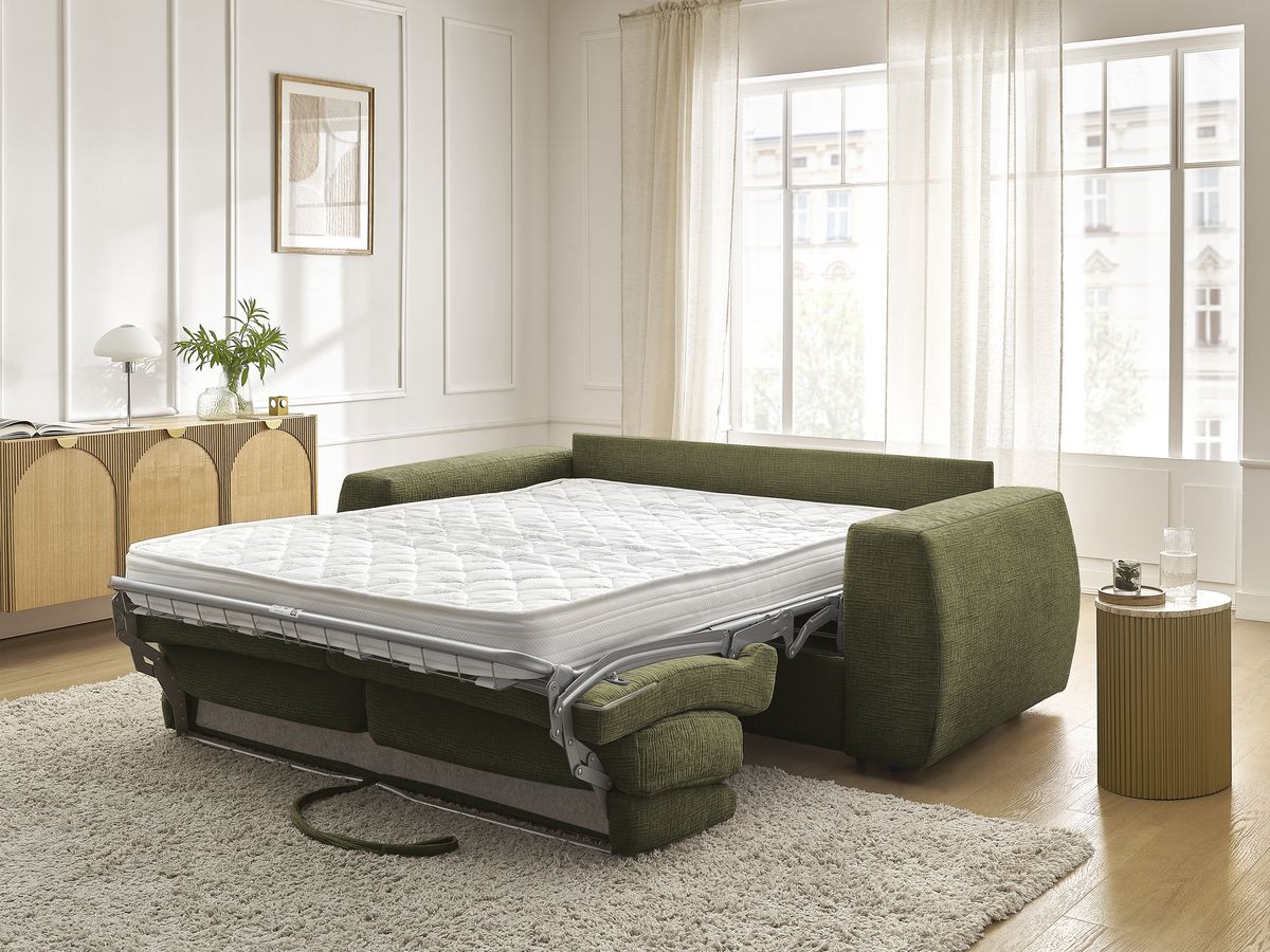 Bobochic Hugo Schlafsofa 3-Sitzer Strukturstoff Grün, Liegefläche 140 × 190 cm