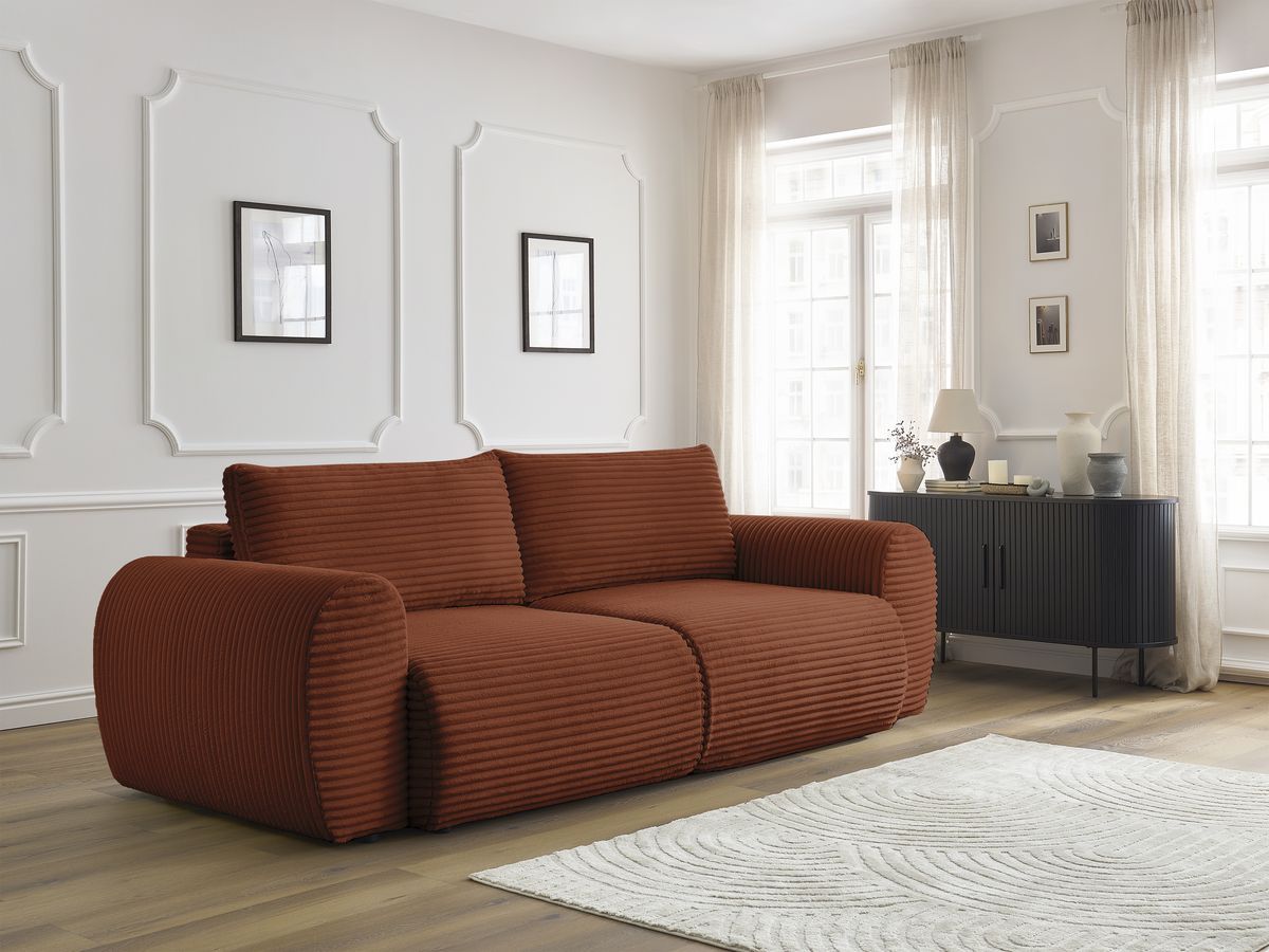 Bobochic Lucien Schlafsofa 3-Sitzer mit Bettkasten Breitcord weich Orange
